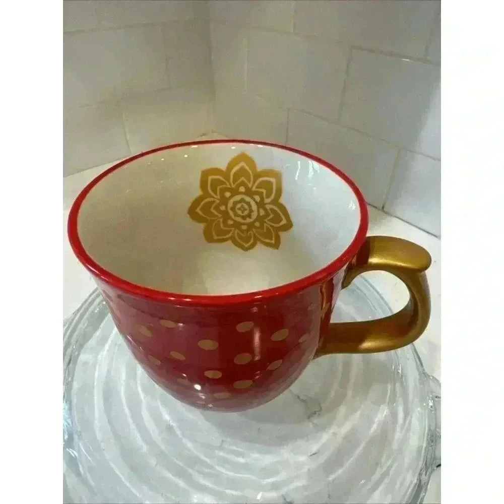 The Pioneer Woman Collection Red Gold Polka Dotted Stoneware Mug Ornate Handle